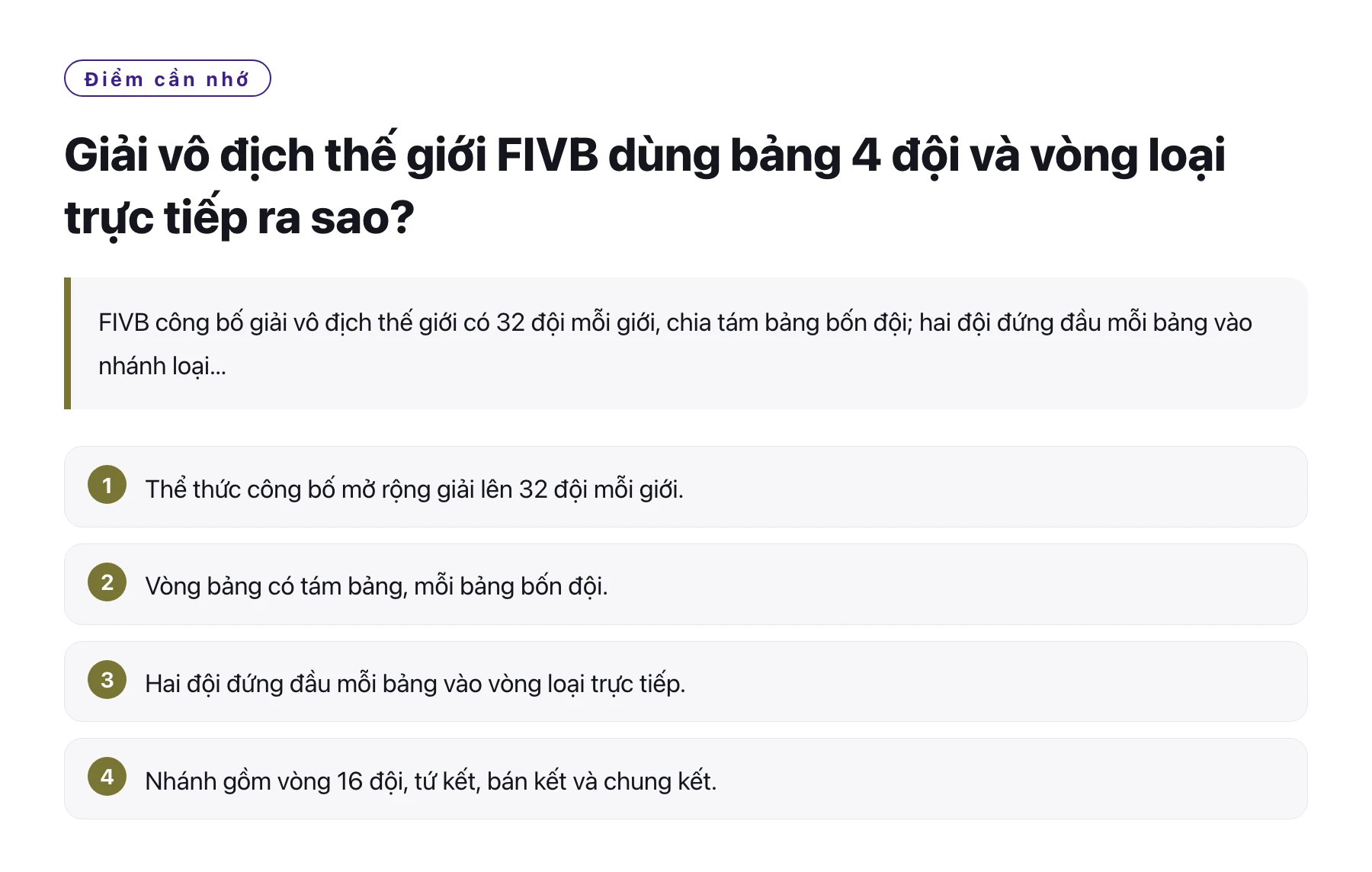 Giải vô địch thế giới FIVB dùng bảng 4 đội và vòng loại trực tiếp ra sao?——全文要点速览